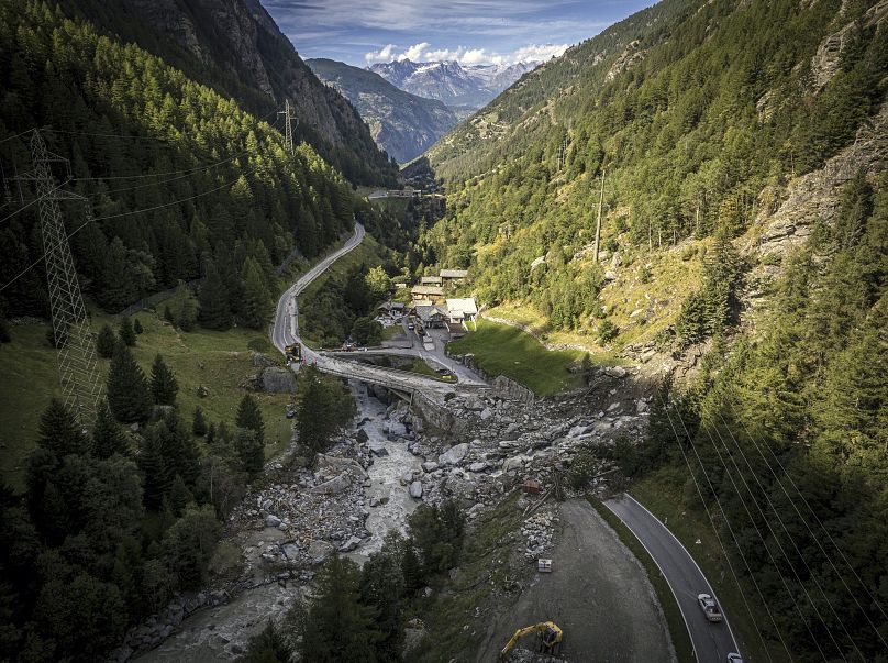 A road is blocked in Eisten after a landslide following severe weather, September 6, 2024