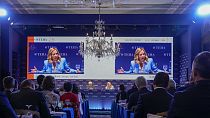 Giorgia Meloni speaking at the economic forum