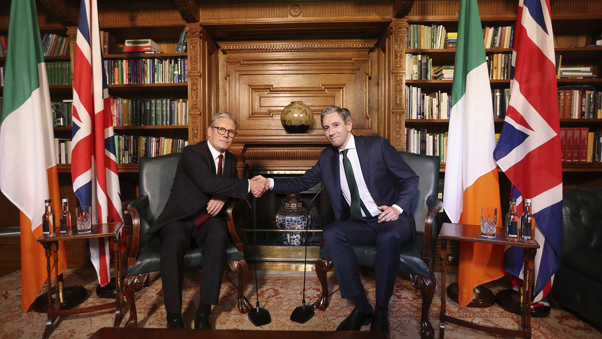 Keir Starmer and Simon Harris shake hands during talks in Dublin, September 7, 2024