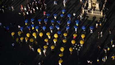 Manifestação em Praga em apoio à Ucrânia