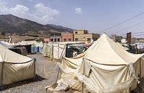 Tents set up by people who were affected by the 2023 earthquake, in the town of Amizmiz, outside Marrakech, Morocco, Wednesday, Sept. 4, 2024. 