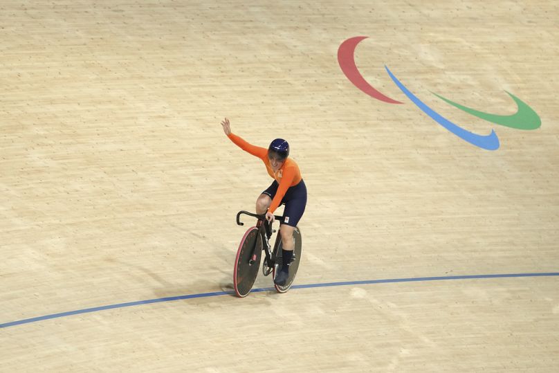 Netherlands' Caroline Groot reacts as she wins the gold medal in the Women's C4-5 500m Time Trial final Thursday, Aug. 29, 2024 in Saint-Quentin-en-Yvelines, outside Paris