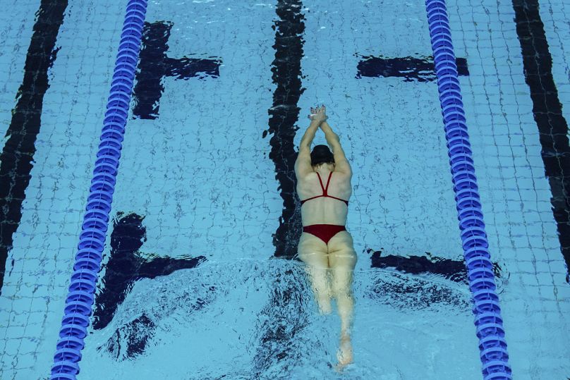 Paralympic swimmer Ali Truwit practices at Chelsea Piers Athletic Club, Friday, Aug. 2, 2024, in Stamford, Conn