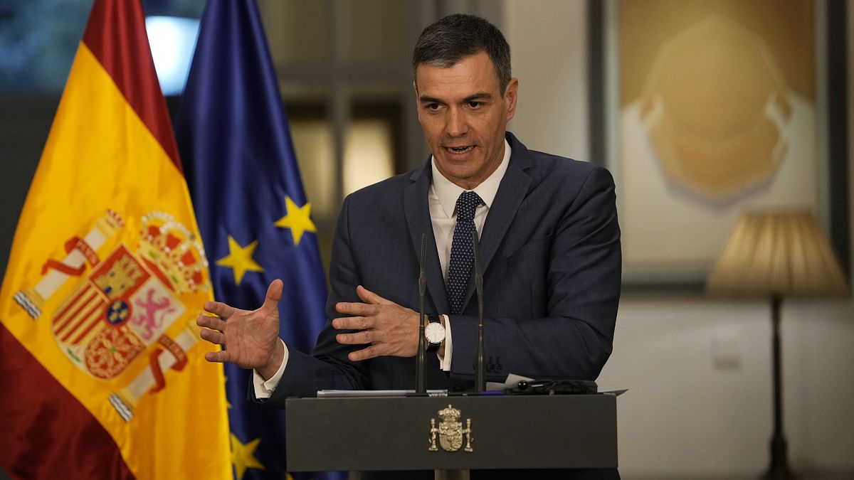 Spanish Prime Minister Pedro Sanchez speaks during a press conference held at the Spanish embassy in Beijing, March 31, 2023