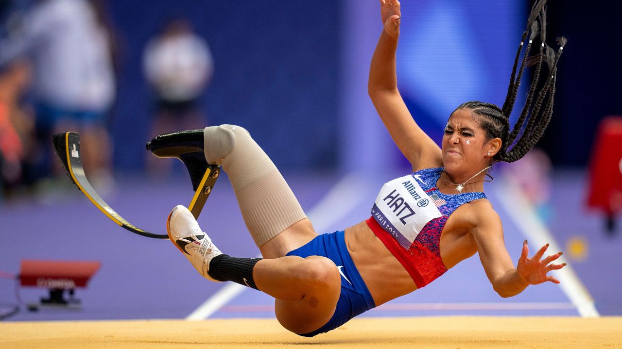 B Hatz, of USA, competes at Women's Long Jump -T64 final at the Stade de France stadium, during the 2024 Paralympics, Saturday, 31 August 2024