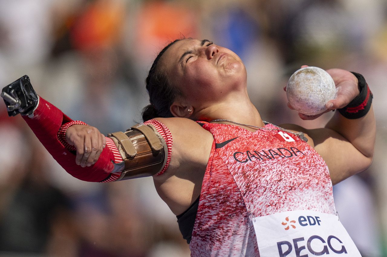 Katie Pegg, of Canada, competes at Women's Shot Put -46 Final, at the Stade de France stadium, during the 2024 Paralympics, Wednesday, 4 September in Paris, France.