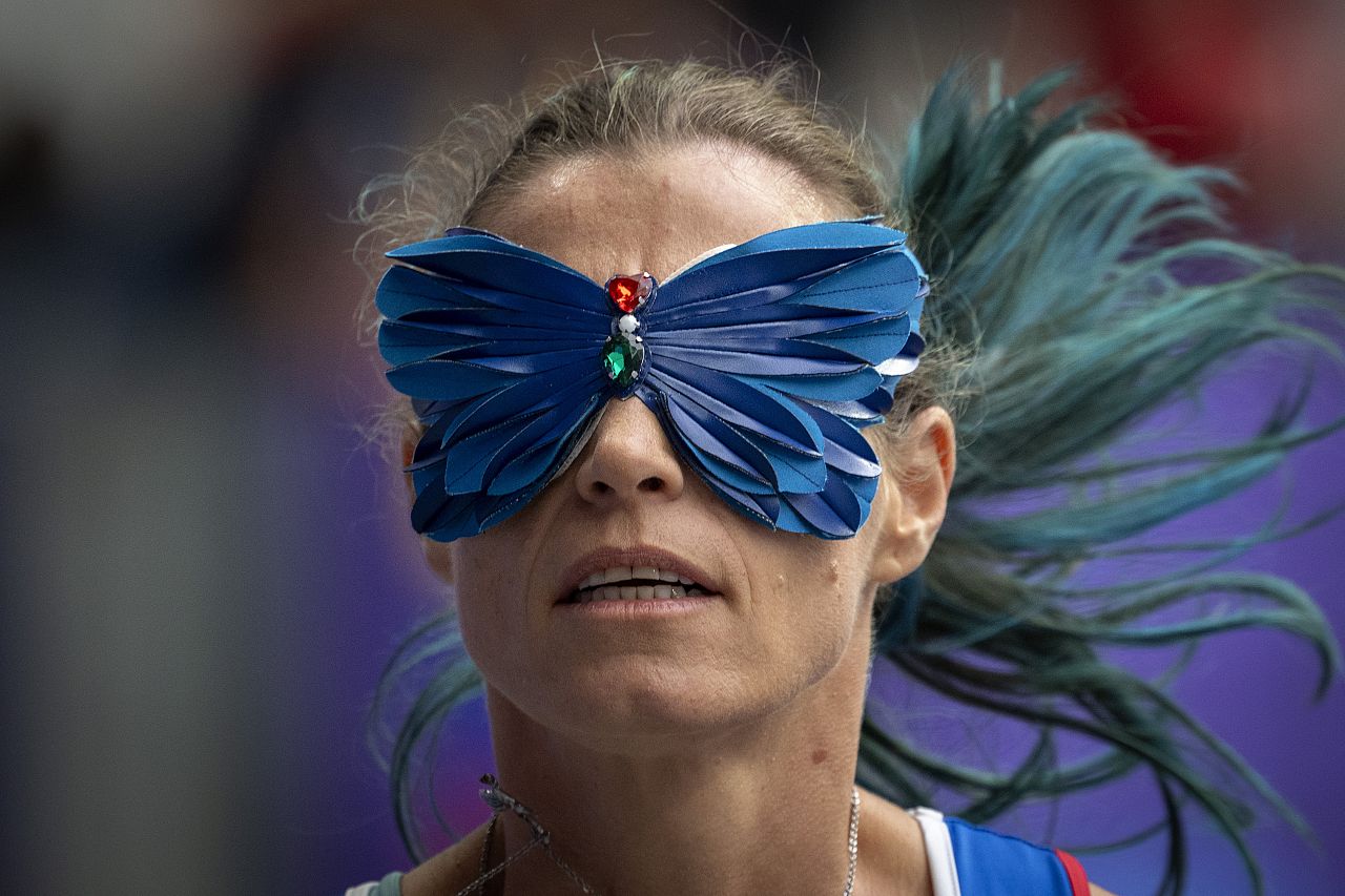 Paralympic athlete Arjola Dedaj, of Italy, competes at Women's Long Jump -T11, at the Stade de France stadium, during the 2024 Paralympics, Friday, 30 August 2024
