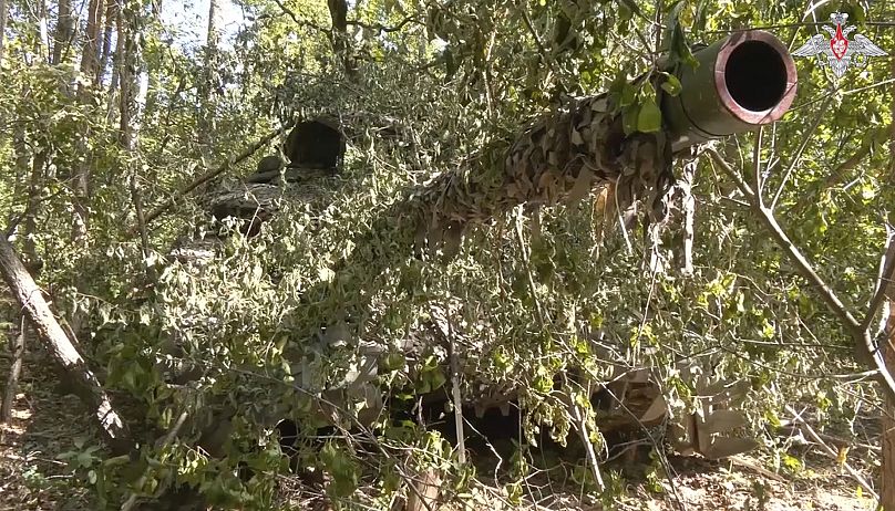 A Russian tank is seen in an undisclosed location in the Kursk region.
