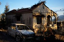 Damaged house and car, which had been burned in a mid-August wildfire, are seen in Halandri suburb in northern Athens, 25 August 2024.