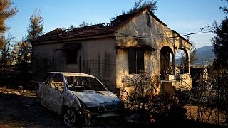 Casa e carro danificados, que tinham sido queimados num incêndio florestal em meados de agosto, são vistos no subúrbio de Halandri, no norte de Atenas, a 25 de agosto de 2024.