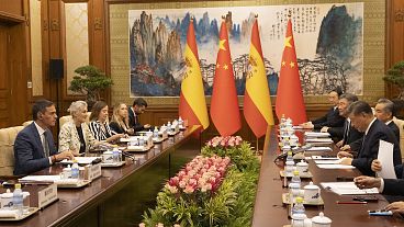 Spain's Prime Minister Pedro Sanchez and China's President Xi Jinping, attend talks at Diayoutai in Beijing.