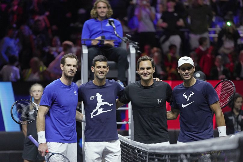 Andy Murray, Novak Djokovic, Roger Federer et Rafael Nadal avant le tournoi de tennis Laver Cup à Londres, en 2022.