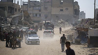 Palestinians displaced by the Israel on the Gaza Strip flee from parts of Khan Younis following an evacuation order by the Israeli army to leave the eastern part of Gaza Strip