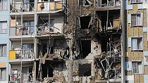 A view of the site of the damaged multi-storey residential building following an alleged Ukrainian drone attack in Ramenskoye, outside Moscow.