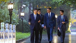 Primeiro-ministro espanhol Pedro Sanchez conversa com o Presidente chinês Xi Jinping enquanto visitam a Casa de Hóspedes do Estado Diaoyutai em Pequim. 9 de setembro 2024