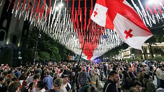 Demonstrators gather at the Parliamentary building during an opposition protest against the foreign influence bill in Tbilisi.