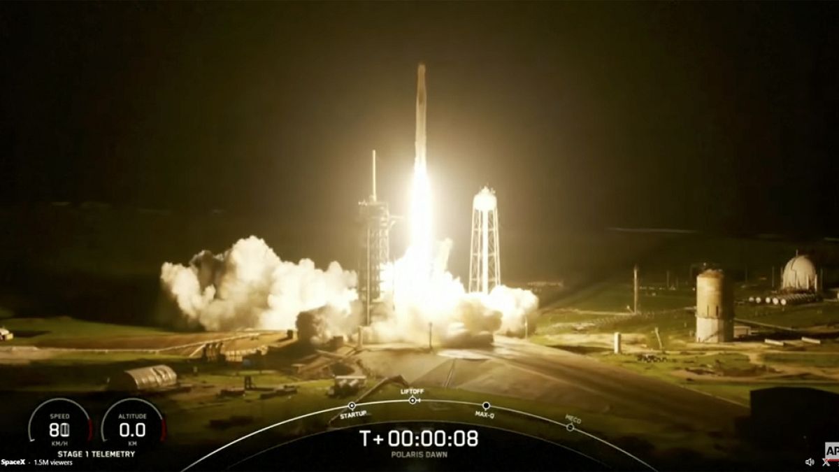 تُظهر هذه الصورة المأخوذة من مقطع فيديو لشركة SpaceX إطلاق مهمة Polaris Dawn على صاروخ Falcon 9 من مركز كينيدي للفضاء في فلوريدا يوم الثلاثاء 10 سبتمبر 2024 