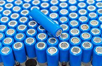 Rows of blue lithium-ion industrial high current batteries 