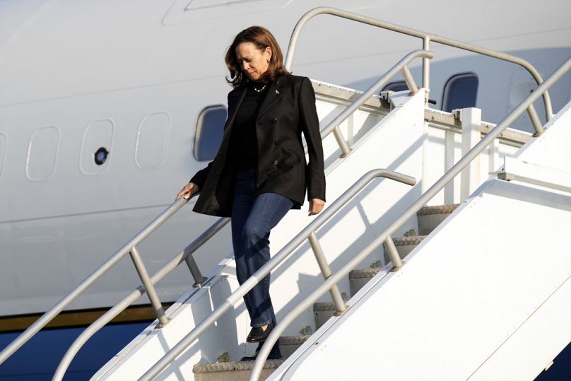 Democratic presidential nominee Vice President Kamala Harris arrives on Air Force Two at Atlantic Aviation Philadelphia, Monday, Sept. 9, 2024.