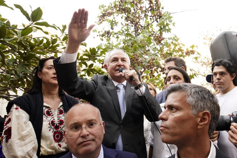 Former Mayor of Caracas Antonio Ledezma speaks as supporters of Edmundo Gonzalez take part in a protest in Madrid, Spain, Tuesday, Sept. 10, 2024.