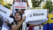 Supporters of Edmundo Gonzalez take part in a protest in Madrid, Spain, Tuesday, Sept. 10, 2024.