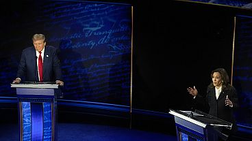 Republican presidential nominee former President Donald Trump and Democratic presidential nominee Vice President Kamala Harris participate during ABC News presidential debate