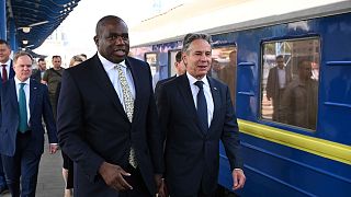 British Foreign Secretary David Lammy and US Secretary of State, Anthony Blinken arrive at Kyiv train station.