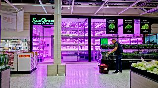 Um homem compra legumes numa instalação SweGreen num supermercado em Uppsala, na Finlândia.