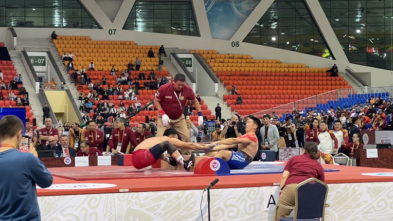 The goal of mas wrestling is to pull the stick out of the opponent's hands or drag them over the board into your half.