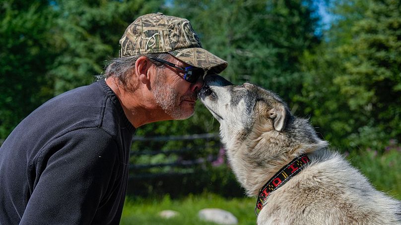 Dave Daley, a member of the Metis Nation, greets one of his dogs, 8 August 2024, at his home in Churchill, Manitoba. 