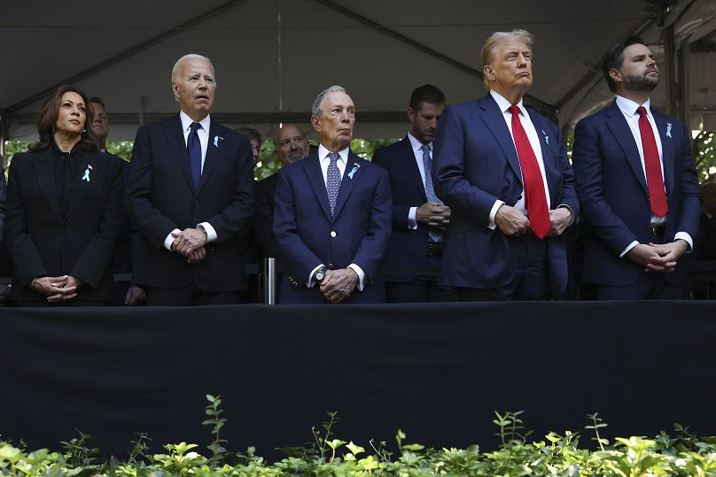 Harris, Biden, Trump y JD Vance en el evento conmemorativo en Nueva York.