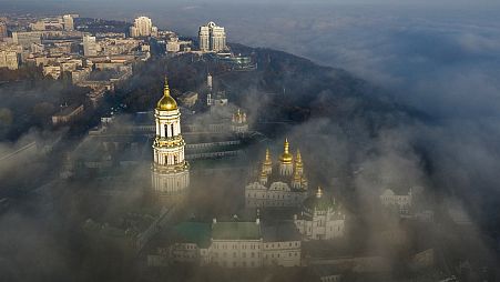 an aerial photo of the thousand-year-old Monastery of Caves, also known as Kiev Pechersk Lavra, the holiest site of Eastern Orthodox Christians 