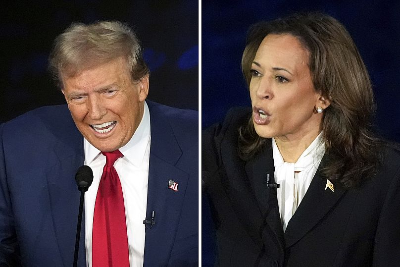 Donald Trump (solda) ve Kamala Harris canlı yayında kozlarını paylaşıyor