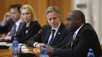 Antony Blinken et David Lammy rencontrent le ministre ukrainien des Affaires étrangères Andriiy Sybiha au ministère des Affaires étrangères à Kyiv, le mercredi 11 septembre