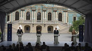 Präsident Nauseda (Litauen), Präsident Selenskyj (Ukraine), Premier Plenković (Kroatien) und Premier Siliņa (Lettland) bei der Krim-Plattform in Kiew, 11. September.