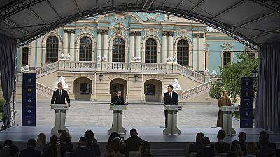 Präsident Nauseda (Litauen), Präsident Selenskyj (Ukraine), Premier Plenković (Kroatien) und Premier Siliņa (Lettland) bei der Krim-Plattform in Kiew, 11. September.