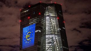 Library picture of a light installation is projected onto the building of the European Central Bank in Frankfurt 