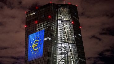 Library picture of a light installation is projected onto the building of the European Central Bank in Frankfurt 