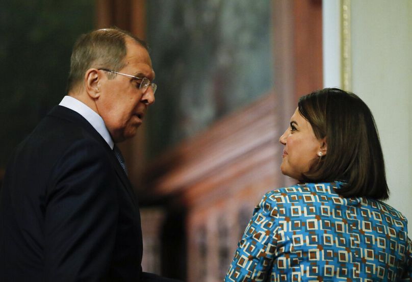 Russian Foreign Minister Sergey and Libyan Foreign Minister Najla Mangoush leave a joint news conference following their talks in Moscow, August 2021