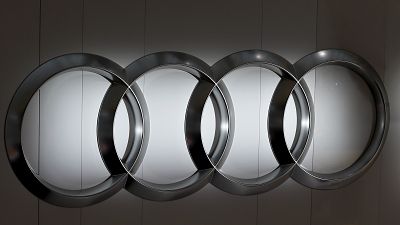 The four ring logo of German car producer Audi is photographed during the annual press conference in Ingolstadt, Germany, Thursday, March 3, 2016. (AP Photo/Matthias Schrader)