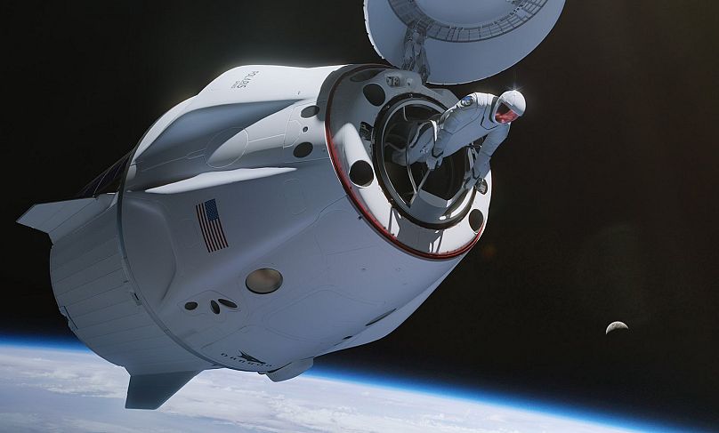 This illustration provided by SpaceX in 2024 depicts a spacewalk from the Dragon capsule.