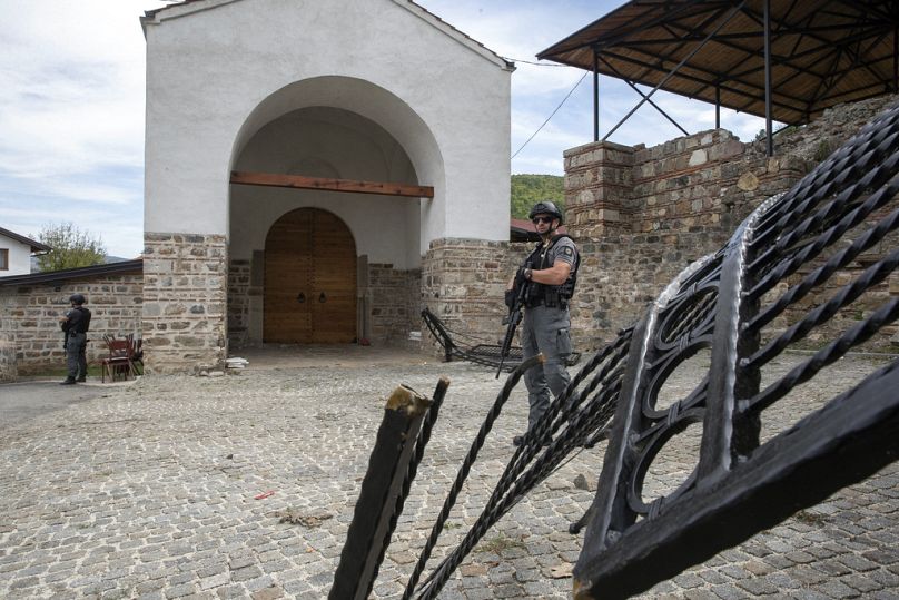 FILE - Kosovo police officers secure the area outside the Banjska monastery in the village of Banjska, Kosovo on Wednesday, Sept. 27, 2023. 