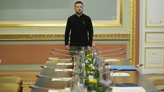 Ukraine's President Zelenskyy waits to meet U.S. Secretary of State Antony Blinken and Britain's Foreign Secretary David Lammy at the Mariinsky Palace in Kyiv, Ukraine