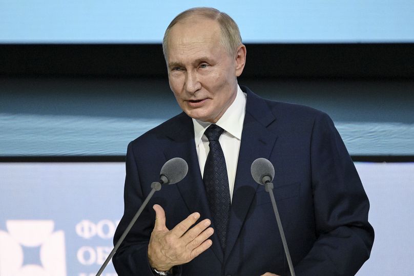 Russian President Vladimir Putin speaks at a plenary session of the St. Petersburg International United Cultures Forum in St. Petersburg, September 12, 2024