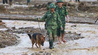 Des secouristes et un chien renifleur recherchent les disparus dans la province de Lao Cai, au Vietnam, le jeudi 12 septembre 2024.