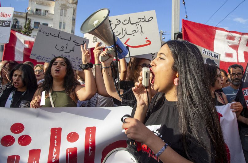 Tunisians take part in a protest against President Kais Saied ahead of the upcoming presidential elections, Friday, Sept. 13, 2024