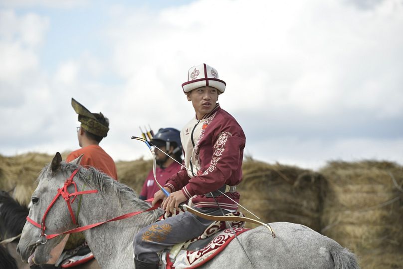 An athlete rides a horse at the World Nomad Games.