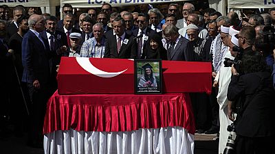 People attend funeral prayers for Aysenur Ezgi Eygi, a 26 year-old Turkish-American activist killed by the Israeli military, outside the central mosque of Didim, Turkey, Satur