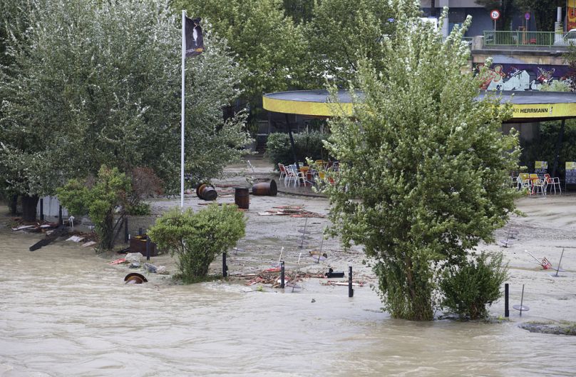 The Donaukanal channel overflows its banks in central Vienna, Austria, Sunday, Sept. 15, 2024.