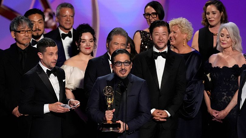 Justin Marks, center, and Hiroyuki Sanada, center right, and the team from "Shogun" accepts the award for outstanding drama series during the 76th Primetime Emmy Awards